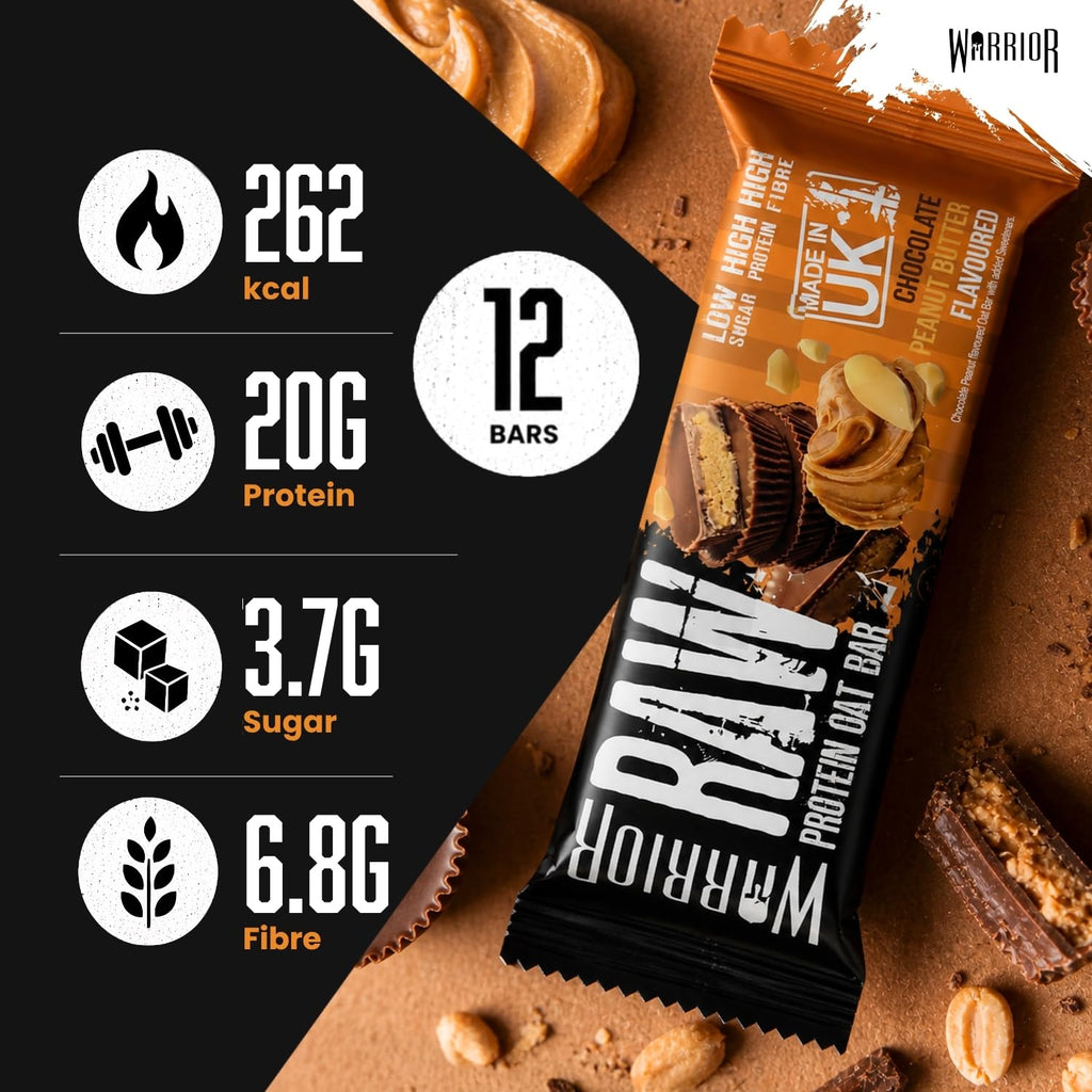 Warrior RAW Protein Bars 12 x 75g - 20g High Protein Low Sugar Fibre Oat Flapjack - Chocolate Peanut Snack Meal Replacement - Damaged Box - BBE 05/2027
