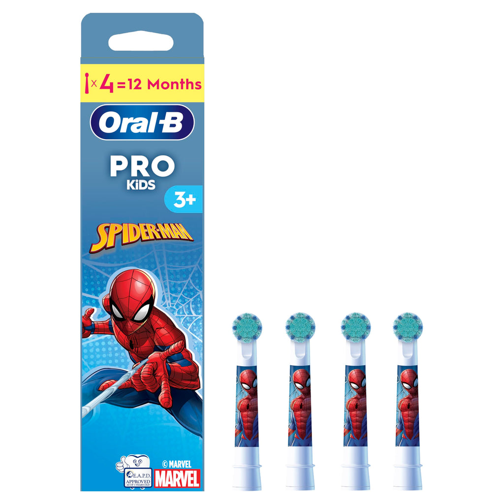 Oral-B Pro Kids Electric Toothbrush Head Spiderman Extra Soft Bristles Ages 3+ White 4 Pack Replacement Brush Heads - Damaged Box