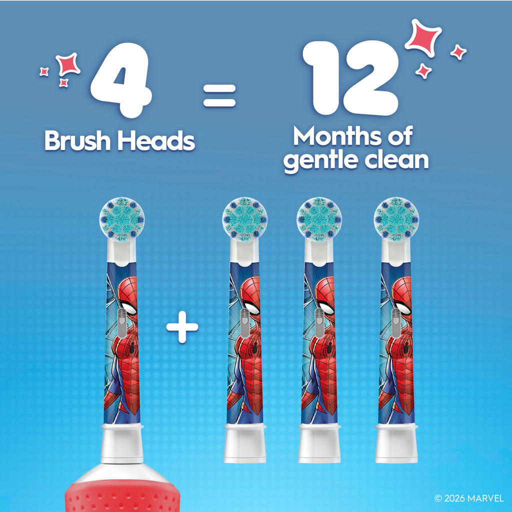 Oral-B Pro Kids Electric Toothbrush Head Spiderman Extra Soft Bristles Ages 3+ White 4 Pack Replacement Brush Heads - Damaged Box