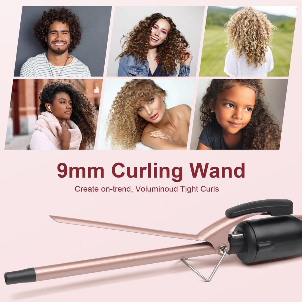 9MM Thin Curling Wand - Tourmaline Ceramic Barrel Iron for Tight Curls - Hair Curler Tongs for All Hair Types - Very Good