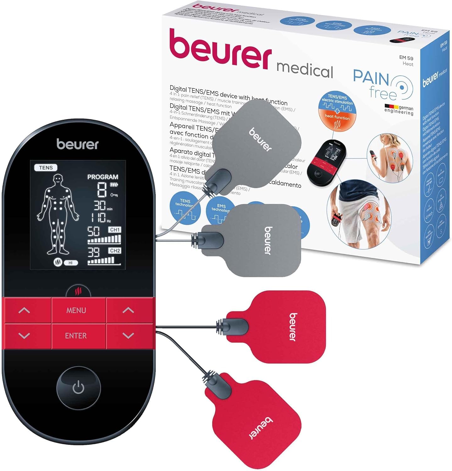Beurer EM59 Digital TENS EMS Device with Heat - 4-in-1 Pain Relief Muscle Stimulation Massager - 4 Electrodes, 70 Programs - Damaged Box