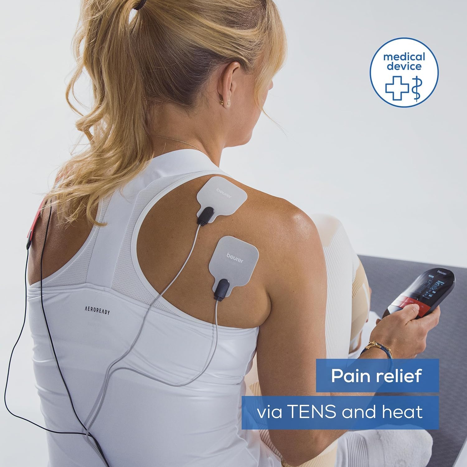 Beurer EM59 Digital TENS EMS Device with Heat - 4-in-1 Pain Relief Muscle Stimulation Massager - 4 Electrodes, 70 Programs - Damaged Box