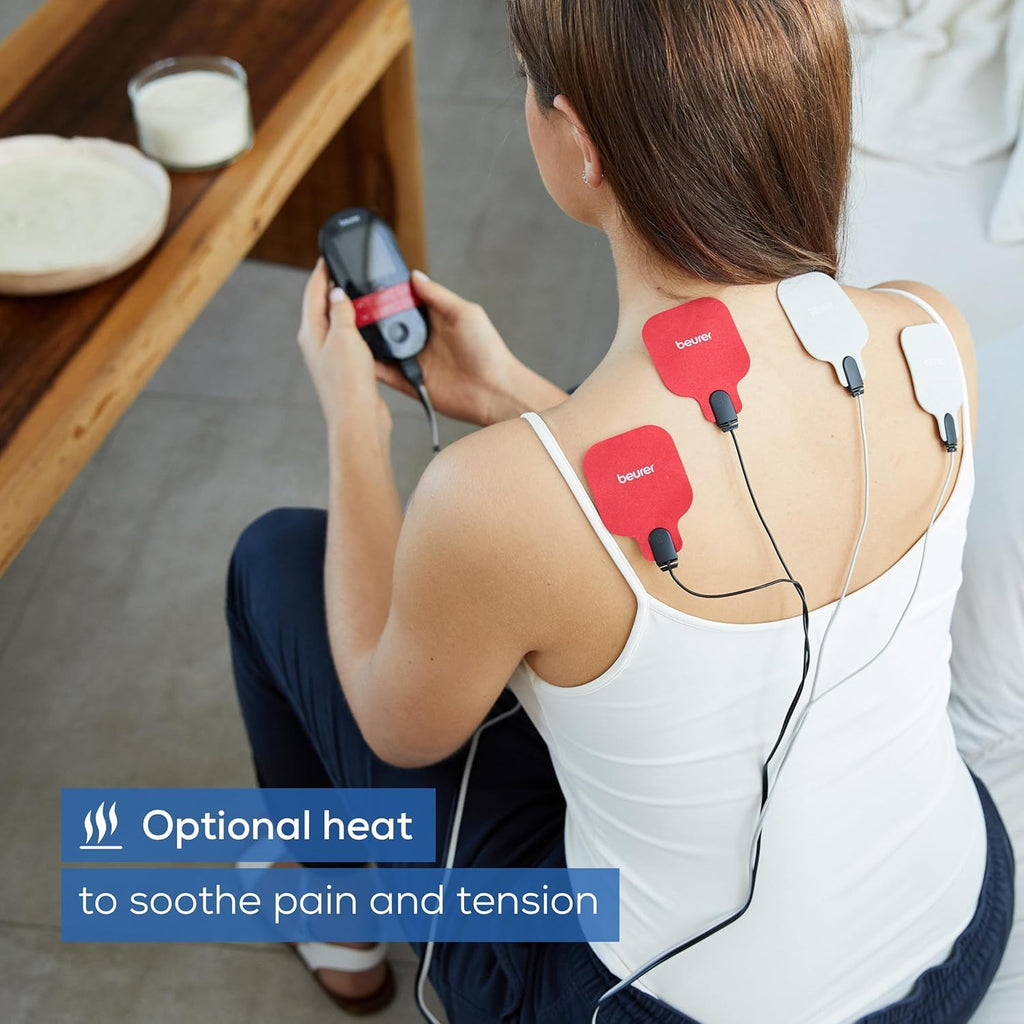 Beurer EM59 Digital TENS EMS Device with Heat - 4-in-1 Pain Relief Muscle Stimulation Massager - 4 Electrodes, 70 Programs - Damaged Box