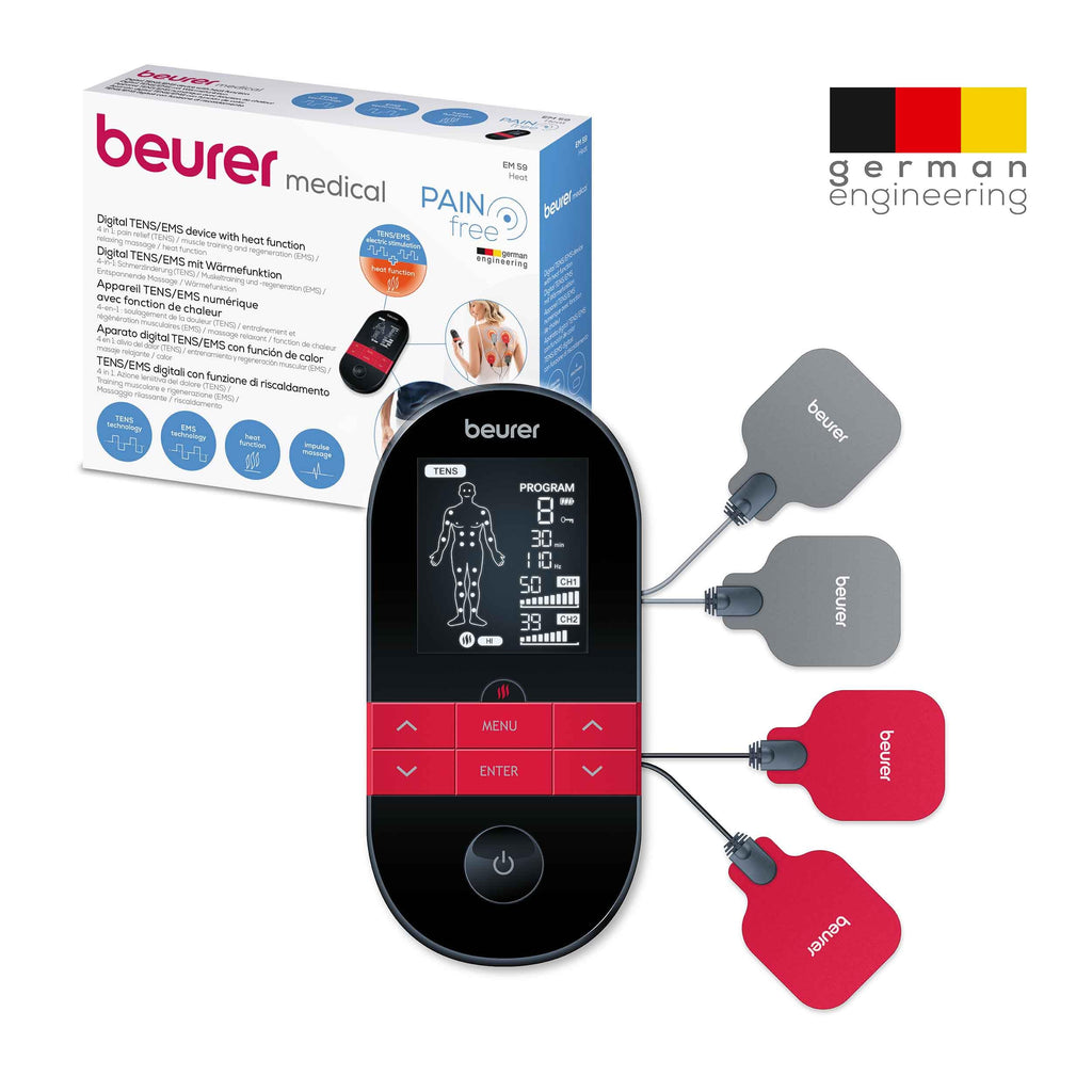Beurer EM59 Digital TENS EMS Device with Heat - 4-in-1 Pain Relief Muscle Stimulation Massager - 4 Electrodes, 70 Programs - Damaged Box