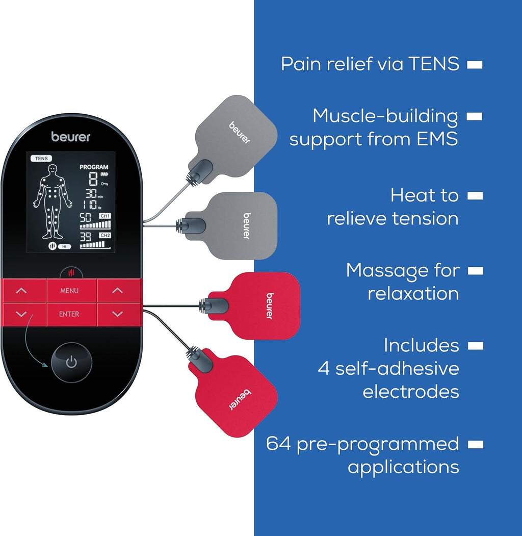 Beurer EM59 Digital TENS EMS Device with Heat - 4-in-1 Pain Relief Muscle Stimulation Massager - 4 Electrodes, 70 Programs - Damaged Box
