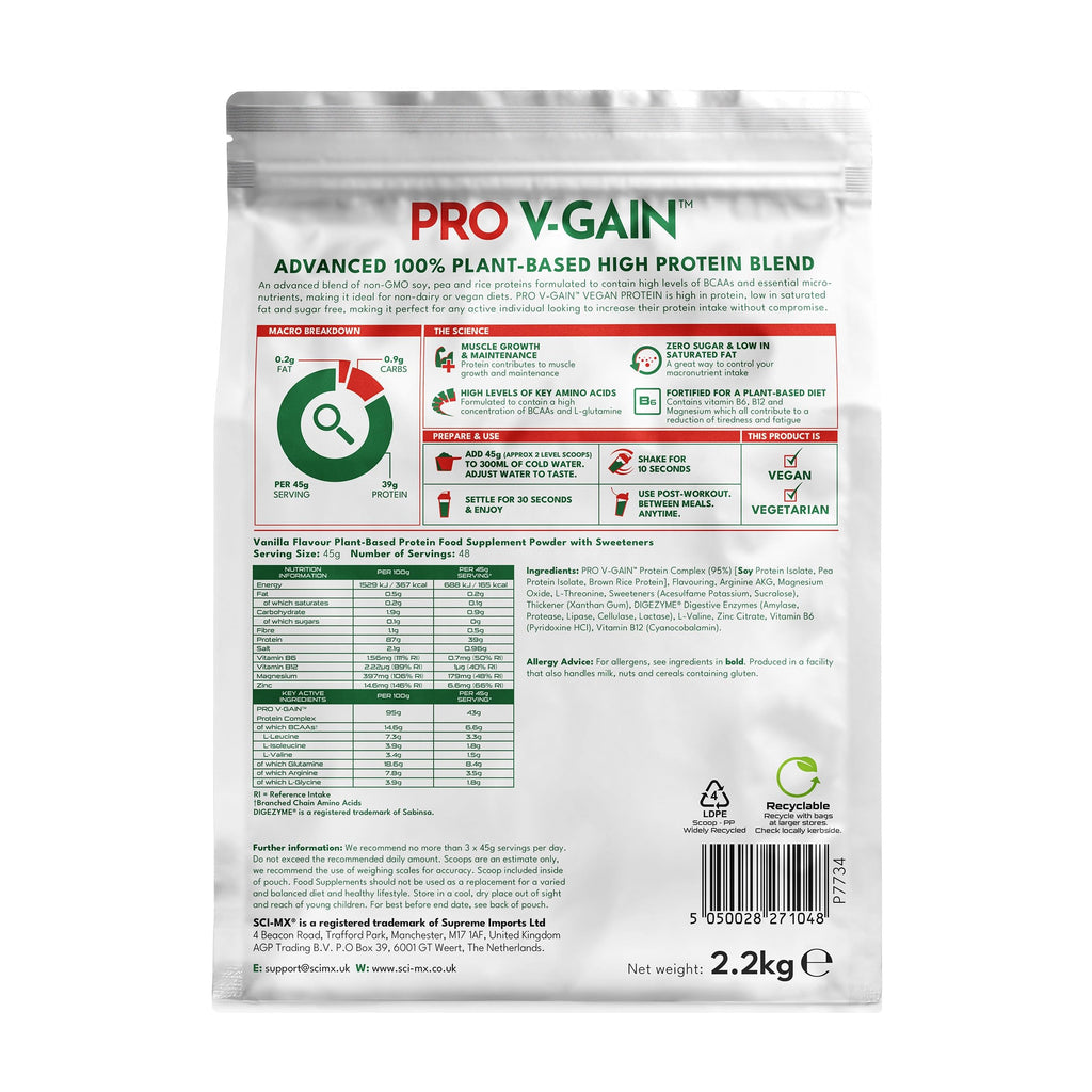 SCI-MX Pro-V Gain Vegan Protein Powder - Vanilla Flavour - 2.2kg - 49 Servings Plant-Based Supplement - Damaged Box - BBE 09/2026