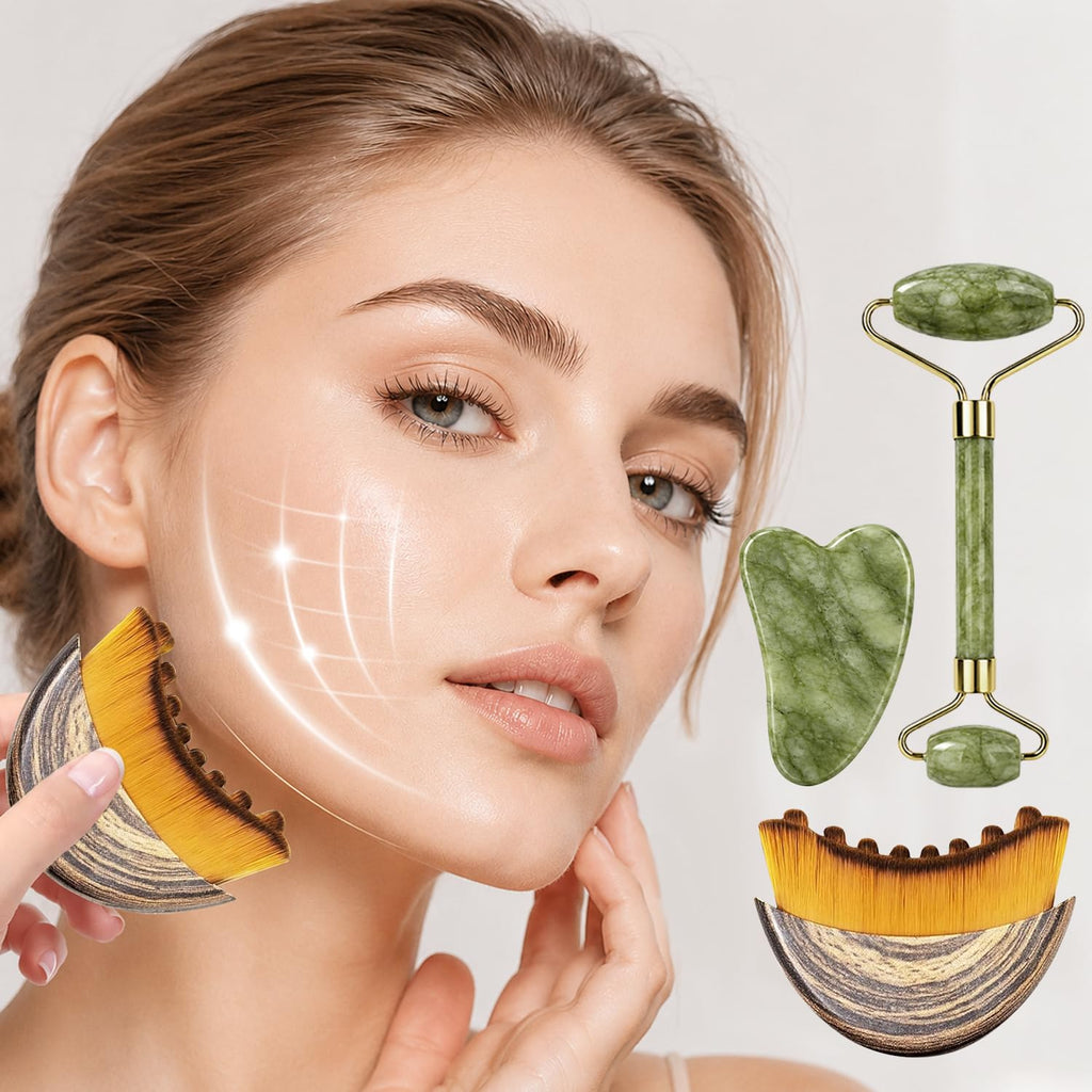 Ptyism Lymphatic Face Brush Set - 4 Pcs Facial Drainage Tool with Gua Sha Jade & Roller for Sculpting & Relief - Damaged Box