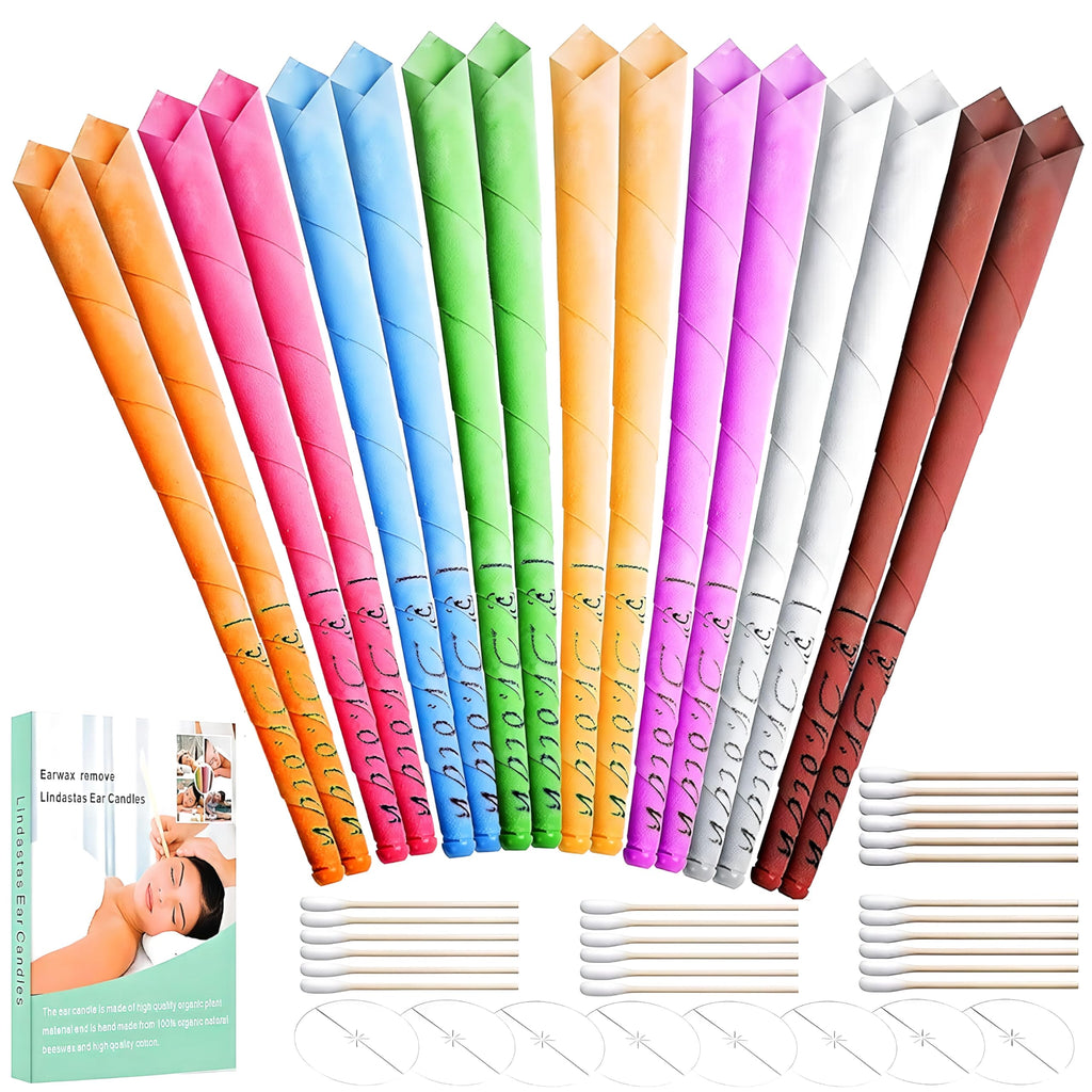 Lindastas Hopi Ear Candles - 16pcs Beeswax Candling Cones - 8 Colours - Ear Wax Removal Kit with Disks & Swabs - Damaged Box