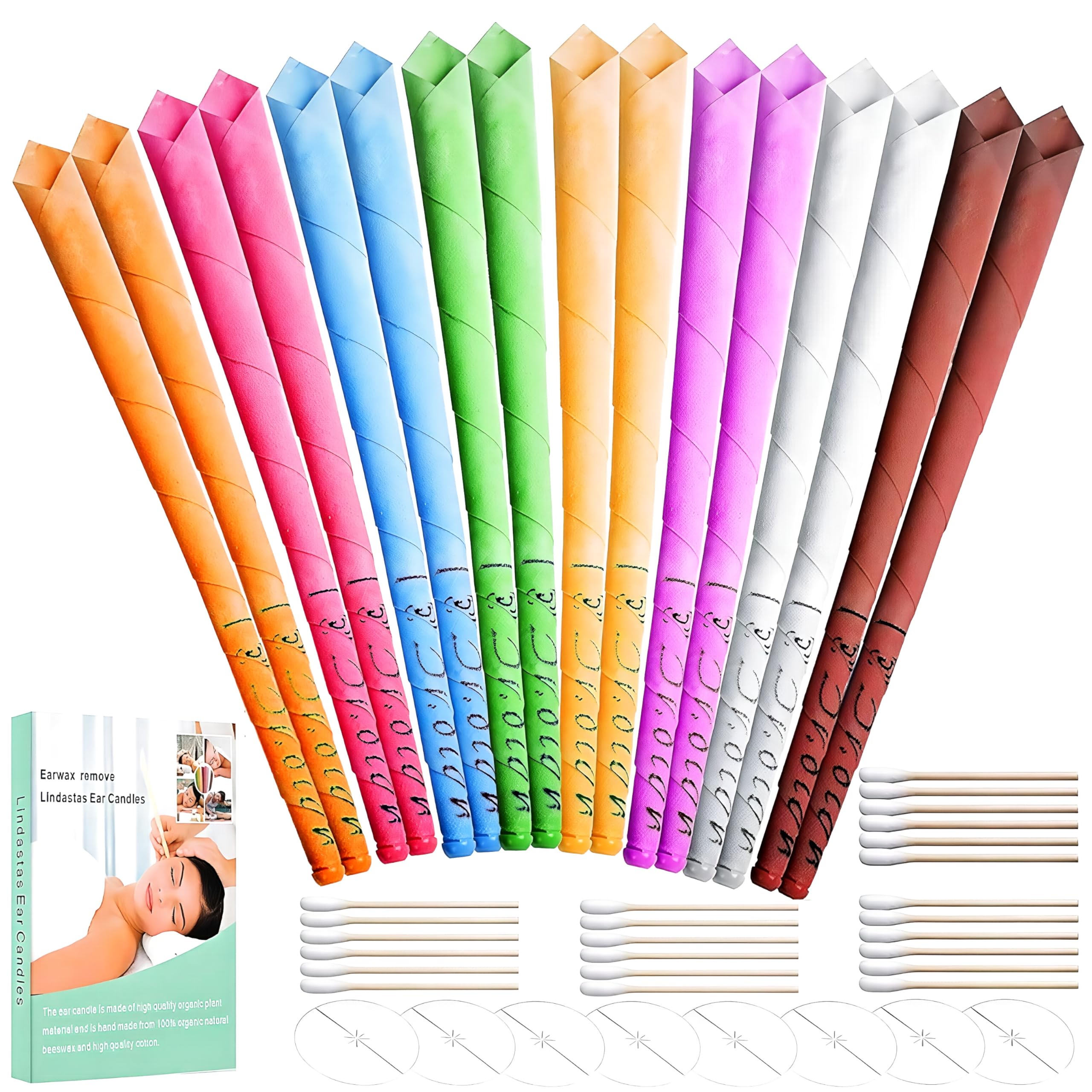Lindastas Hopi Ear Candles - 16pcs Beeswax Candling Cones - 8 Colours - Ear Wax Removal Kit with Disks & Swabs - Damaged Box