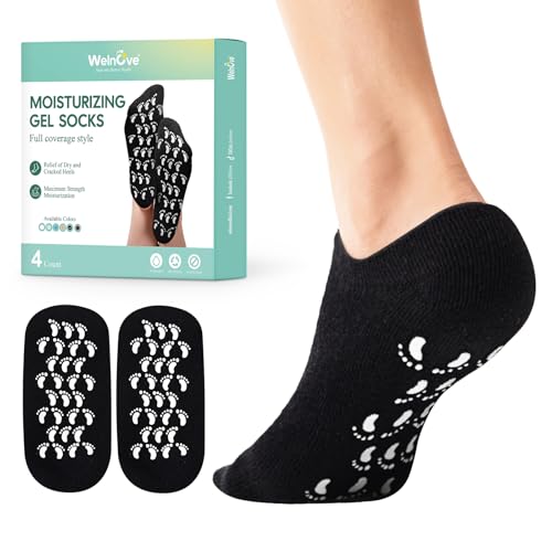 Welnove Moisturizing Silicone Socks - 2 Pairs Aloe-Infused Gel Foot Care for Dry Cracked Feet - Black Cotton Socks - Damaged Box