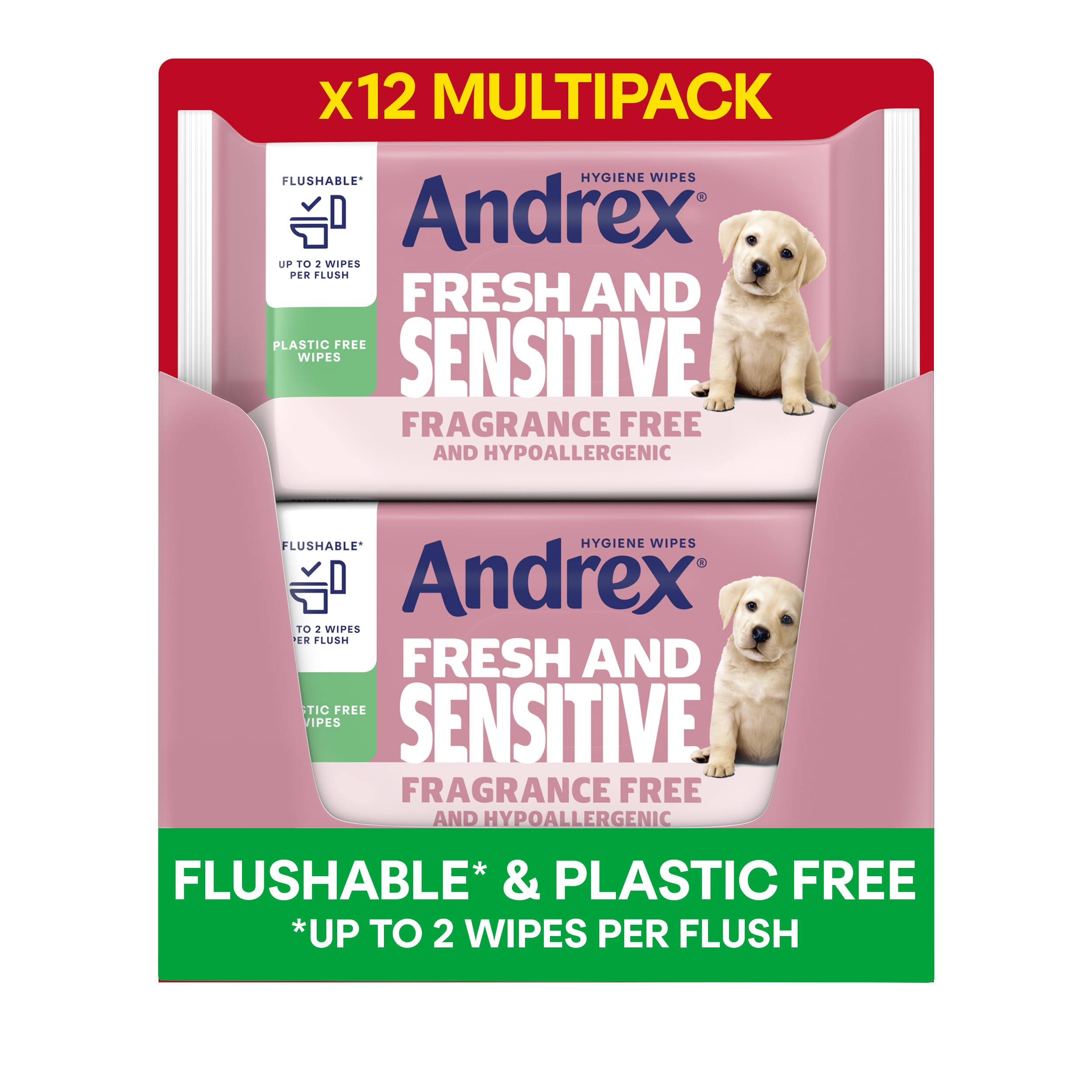 Andrex Fresh & Sensitive Hygiene Wipes - 12 Pack - Flushable Moist Toilet Tissue - Hypoallergenic Fragrance Free Wet Wipes - 30 Sheets - Damaged Box