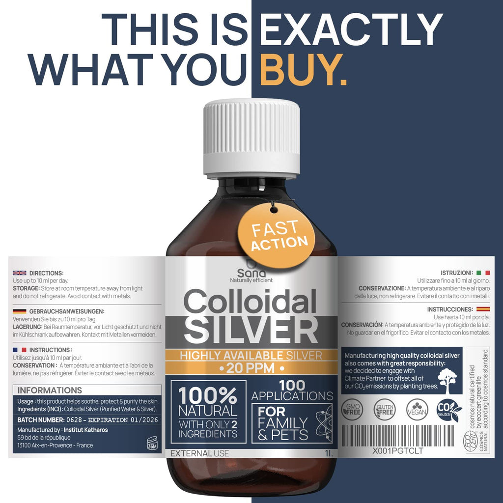 Colloidal Silver 20 PPM 1000ml Hydrosol Water for Humans & Dogs - Bio Active, 100% Natural, Carbon Neutral - New - BBE 01/2028
