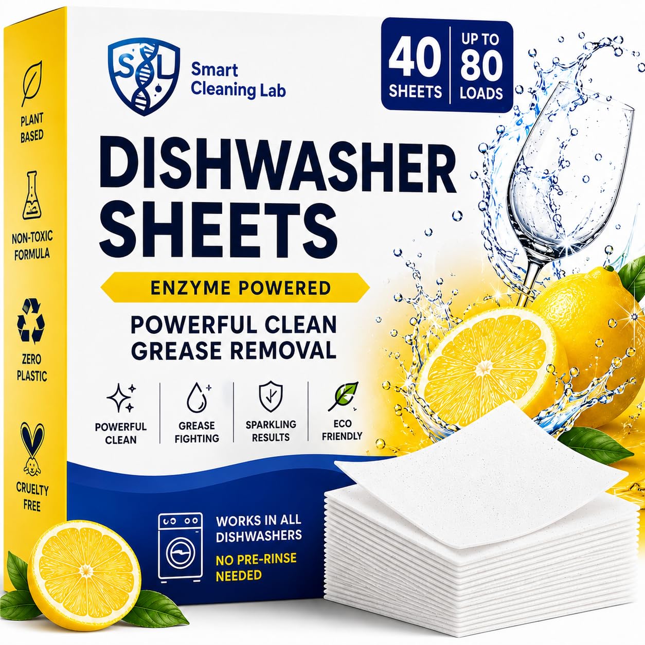 Smart Cleaning Lab Dishwasher Sheets - 40 Count - Enzyme Powered Detergent - Deep Grease Removal - Fresh Lemon - Plastic-Free - Damaged Box - BBE 01/2028