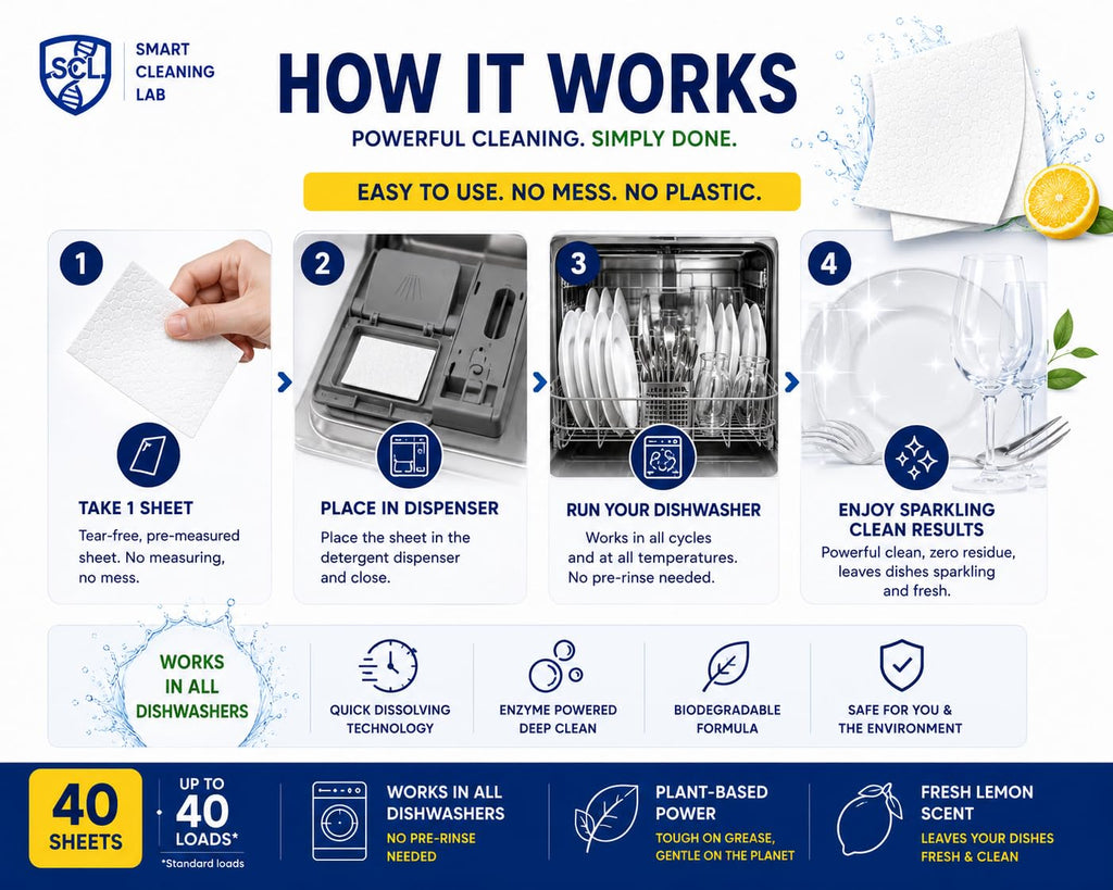 Smart Cleaning Lab Dishwasher Sheets - 40 Count - Enzyme Powered Detergent - Deep Grease Removal - Fresh Lemon - Plastic-Free - Damaged Box - BBE 01/2028