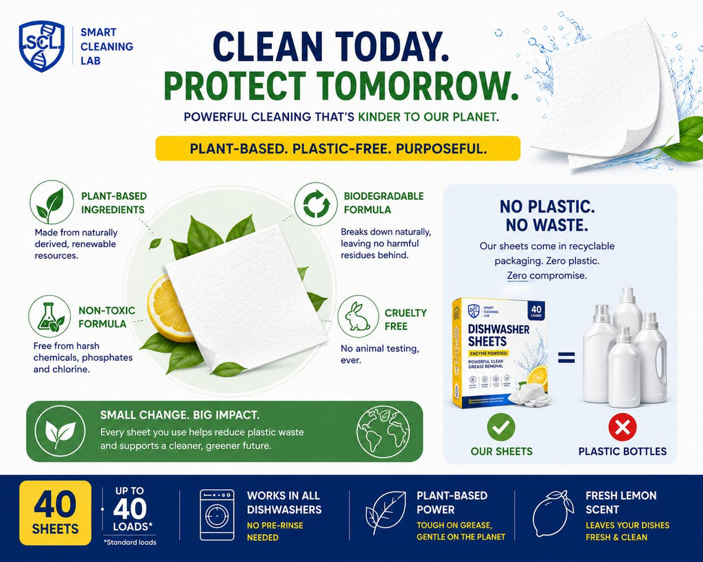 Smart Cleaning Lab Dishwasher Sheets - 40 Count - Enzyme Powered Detergent - Deep Grease Removal - Fresh Lemon - Plastic-Free - Damaged Box - BBE 01/2028