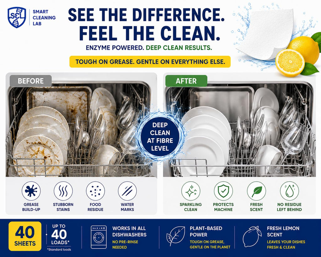 Smart Cleaning Lab Dishwasher Sheets - 40 Count - Enzyme Powered Detergent - Deep Grease Removal - Fresh Lemon - Plastic-Free - Damaged Box - BBE 01/2028