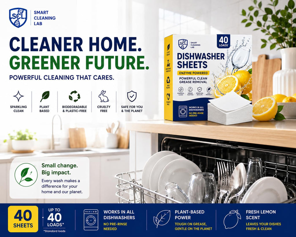 Smart Cleaning Lab Dishwasher Sheets - 40 Count - Enzyme Powered Detergent - Deep Grease Removal - Fresh Lemon - Plastic-Free - Damaged Box - BBE 01/2028