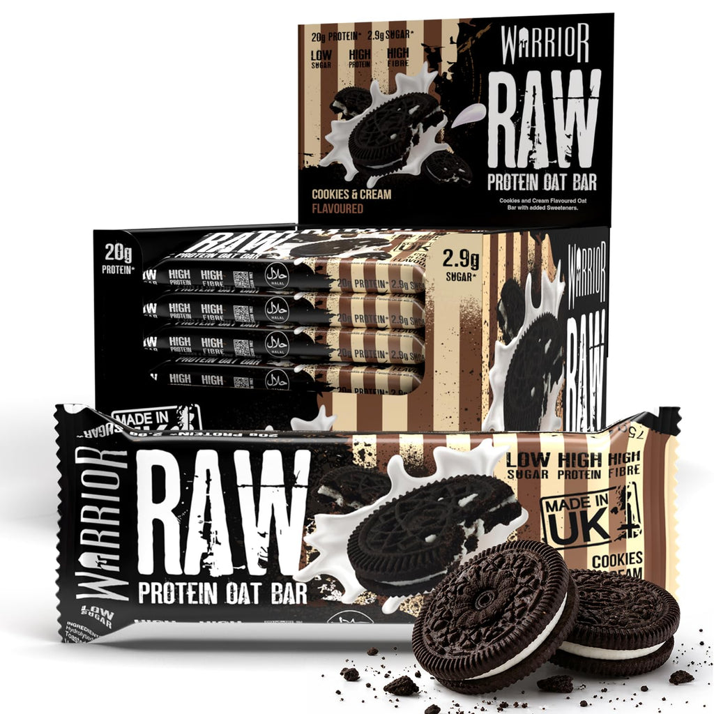 Warrior RAW Protein Flapjack - Cookies & Cream - 24 x 75g High Protein Low Sugar Oat Bars - 20g Protein Snacks Multipack - Damaged Box - BBE 06/2027