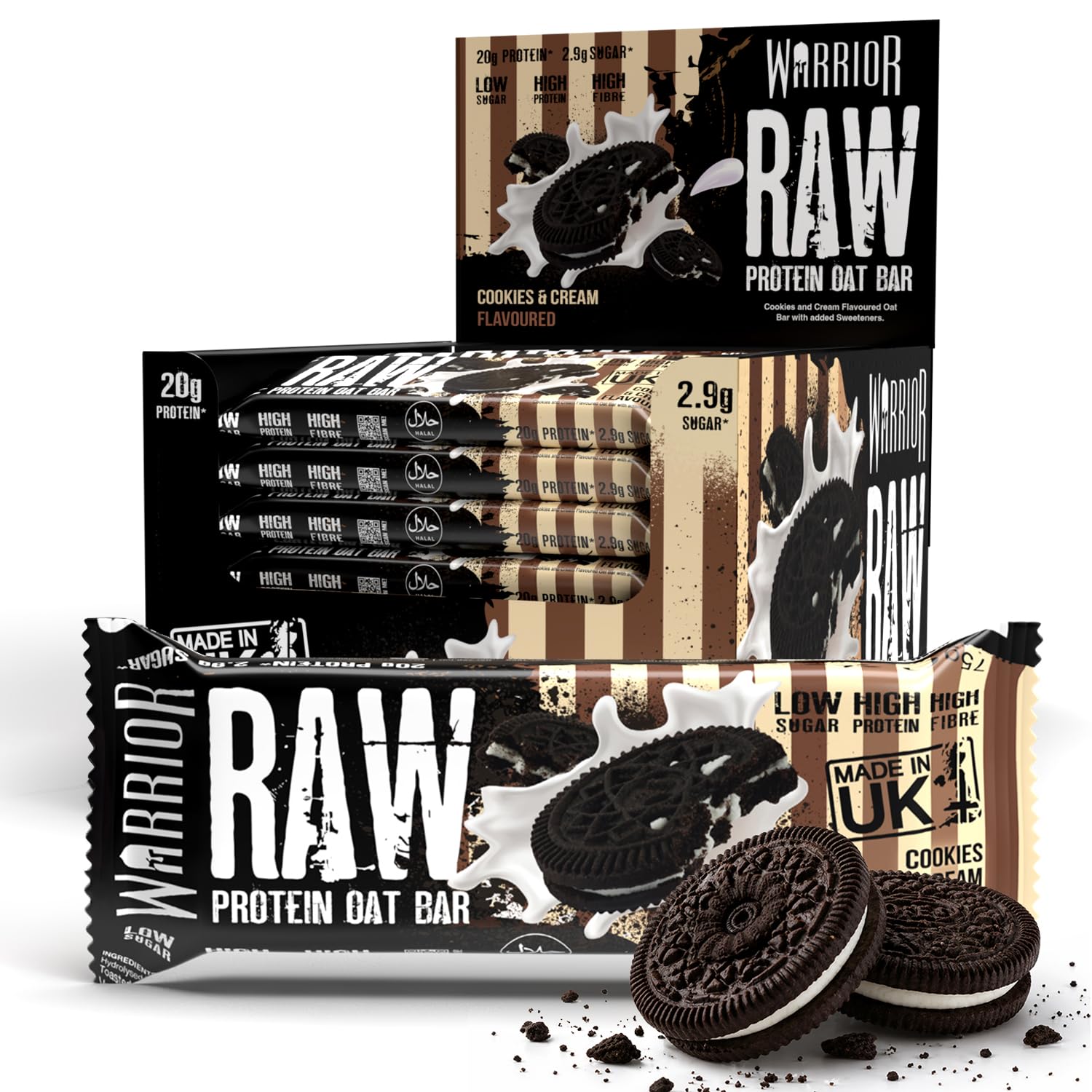 Warrior RAW Protein Flapjack - Cookies & Cream - 24 x 75g High Protein Low Sugar Oat Bars - 20g Protein Snacks Multipack - Damaged Box - BBE 06/2027