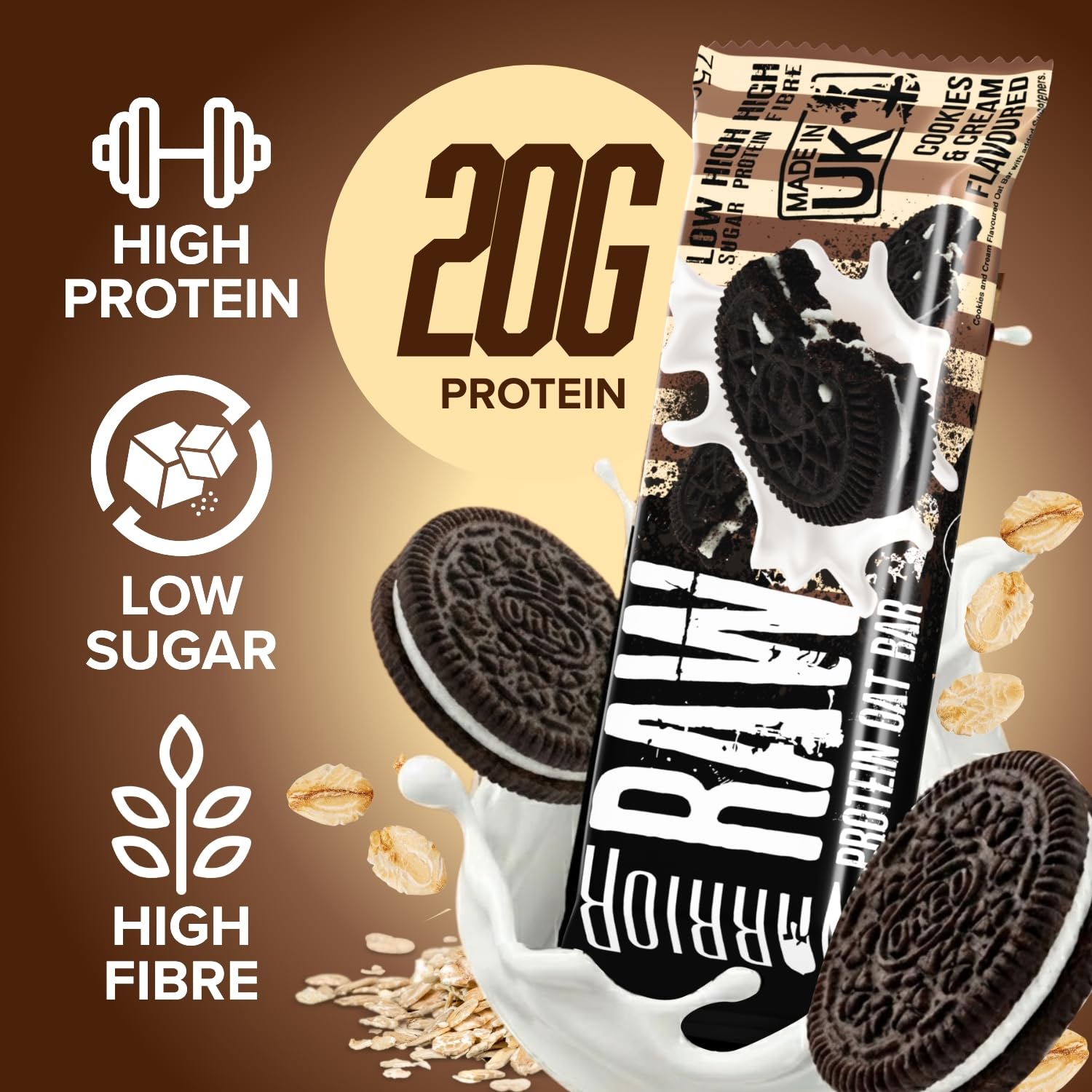 Warrior RAW Protein Flapjack - Cookies & Cream - 24 x 75g High Protein Low Sugar Oat Bars - 20g Protein Snacks Multipack - Damaged Box - BBE 06/2027