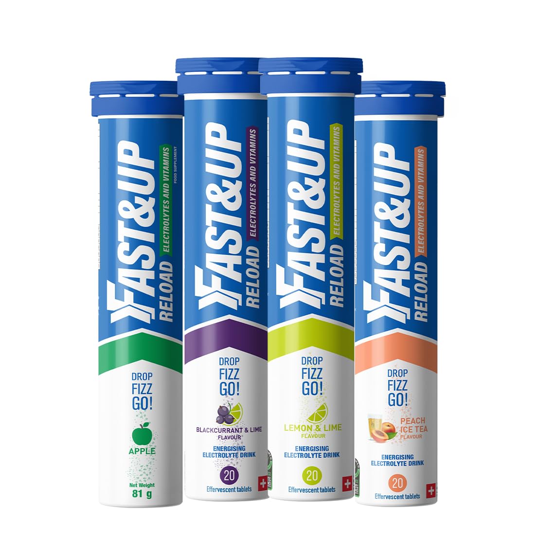 Fast&Up Reload - Energising Electrolyte Drink - Variety Pack - 80 Effervescent Hydration Tablets - Added Vitamin C & B12 - Vegan - Damaged Box - BBE 05/2028