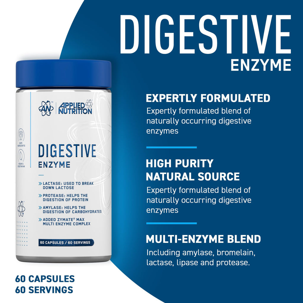 Applied Nutrition Digestive Enzyme Capsules - Vegan Lactase Protease Amylase - Aids Digestion - 60 Servings - New - BBE 07/2026