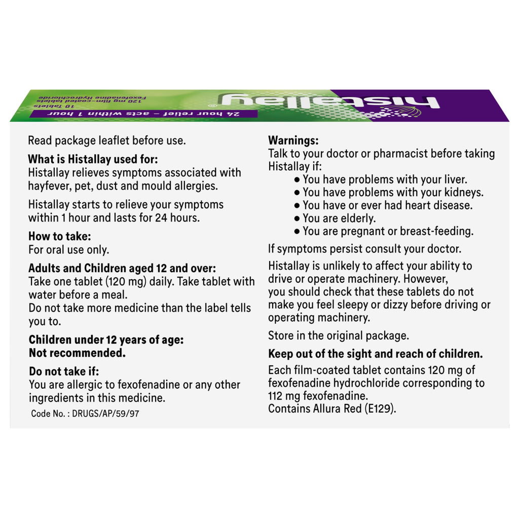 Histallay Hayfever & Allergy Relief Tablets - 30 Tablets - 120mg Fexofenadine - Antihistamine Medication - Damaged Box - BBE 09/2028