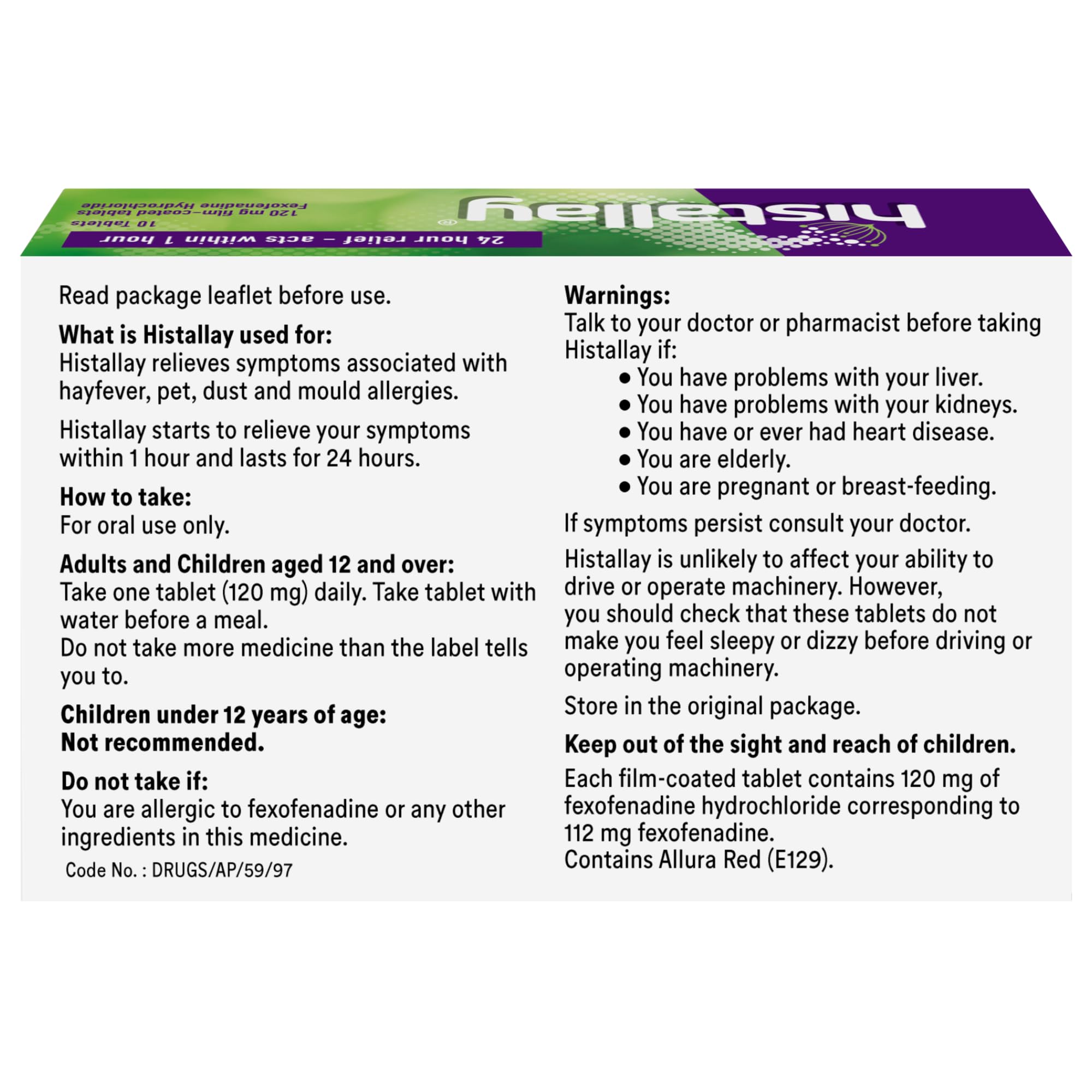 Histallay Hayfever & Allergy Relief Tablets - 30 Tablets - 120mg Fexofenadine - Antihistamine Medication - Damaged Box - BBE 09/2028