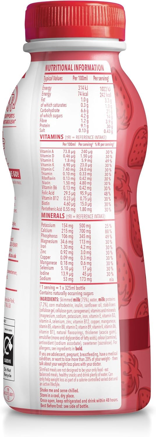 SlimFast Protein Meal Replacement Shake - Strawberry Flavour - 6 x 325ml Bottles - Diet Weight Loss Drink - Damaged Box - BBE 05/2026