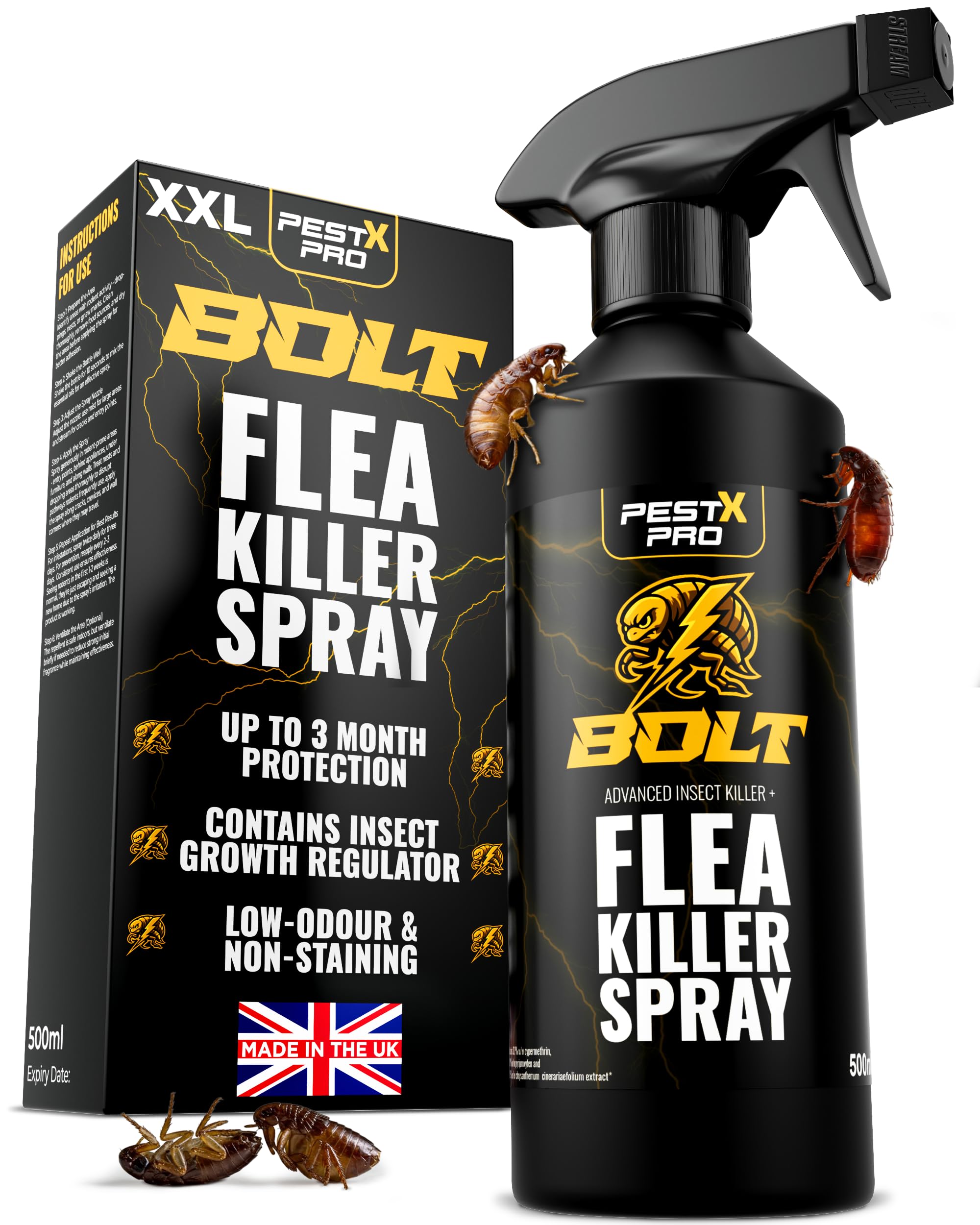Pest X Pro Bolt Flea Killer Spray 500ml - Fast-Acting Permethrin Formula - Home Household Carpet Furniture Pest Control Treatment - New