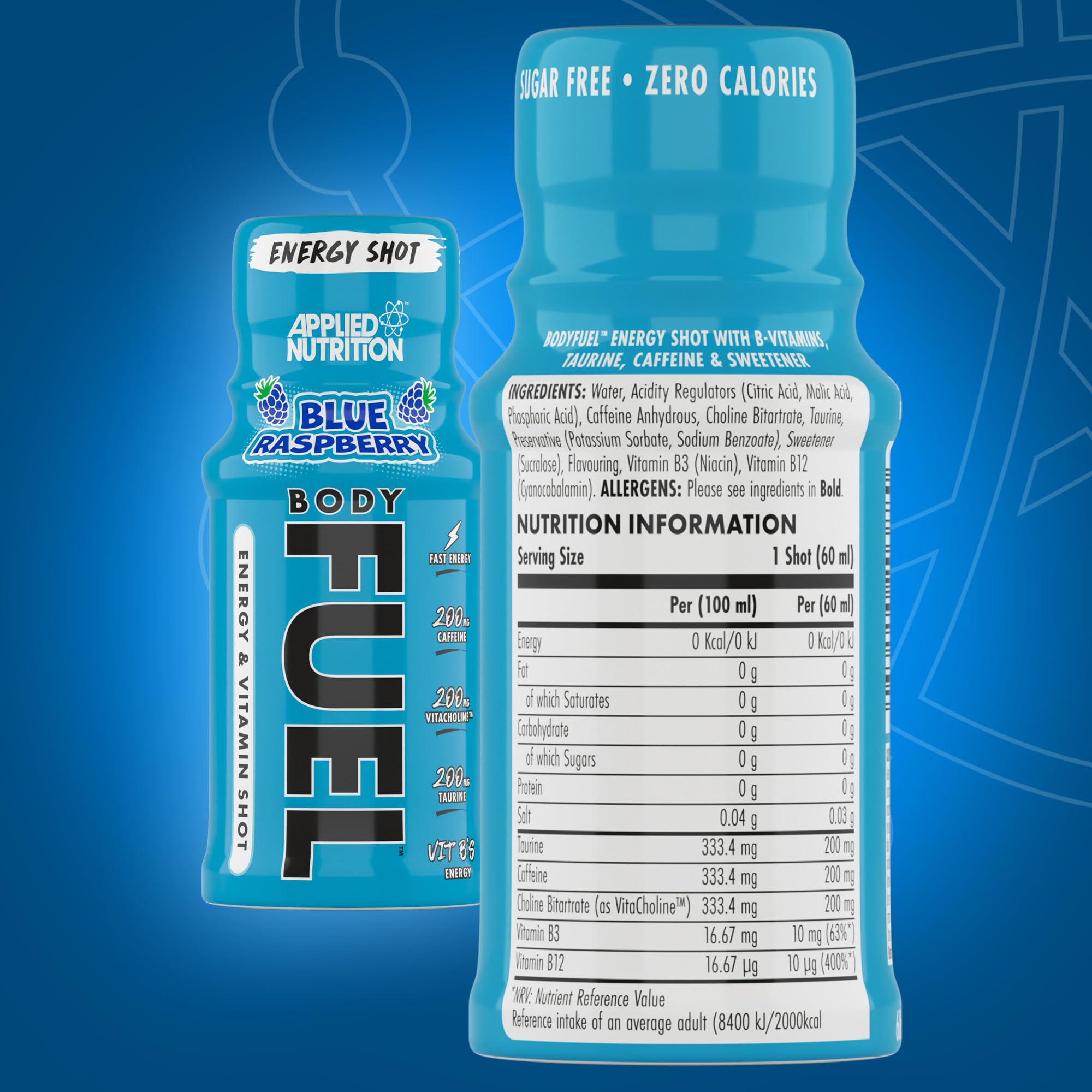 Applied Nutrition BodyFuel Energy Shot - Blue Raspberry, 12x 60ml, Sugar Free, Zero Calories, B-Vitamins, Taurine, Caffeine - Damaged Box - BBE 11/2027