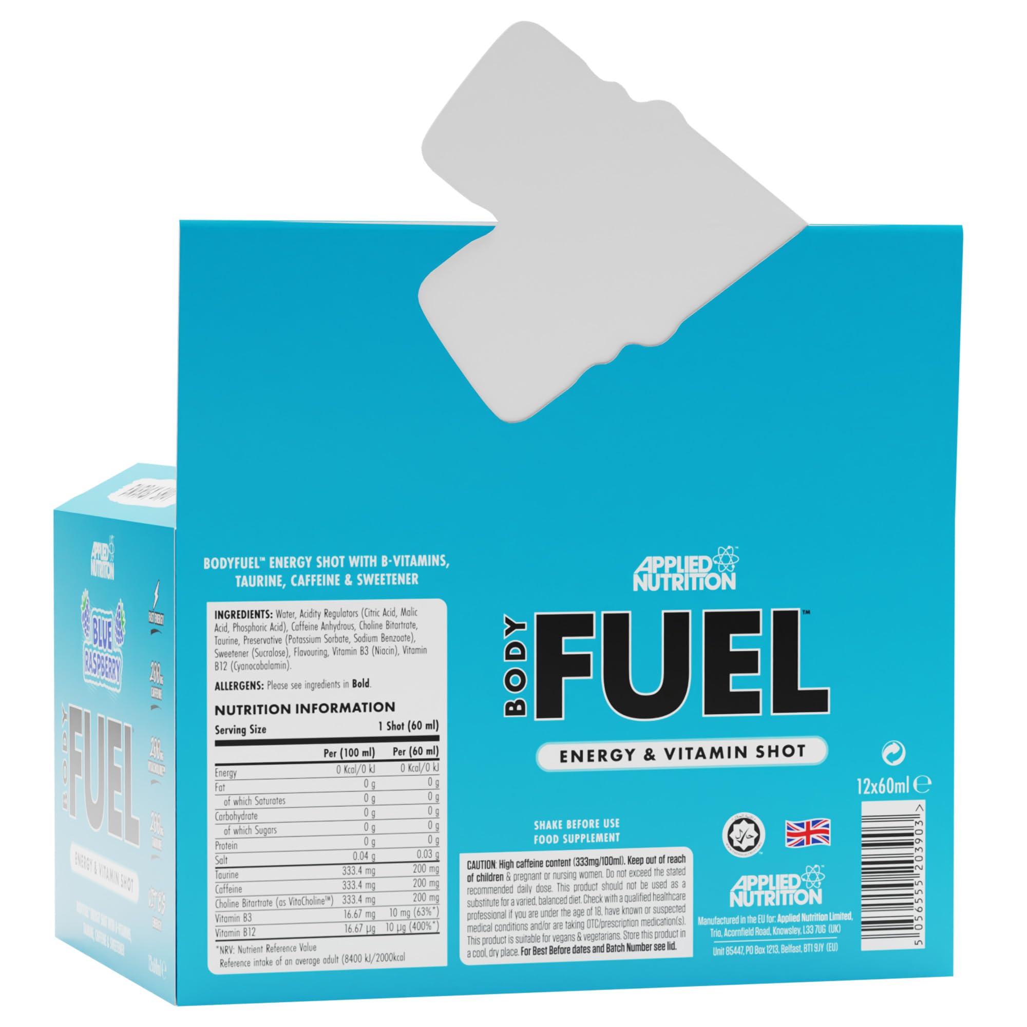 Applied Nutrition BodyFuel Energy Shot - Blue Raspberry, 12x 60ml, Sugar Free, Zero Calories, B-Vitamins, Taurine, Caffeine - Damaged Box - BBE 11/2027
