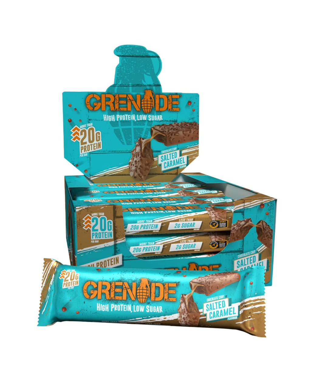 Grenade Protein Bar - Chocolate Chip Salted Caramel, Low Sugar Snack, 12 x 60g High Protein Bar - Damaged Box - BBE 08/2026