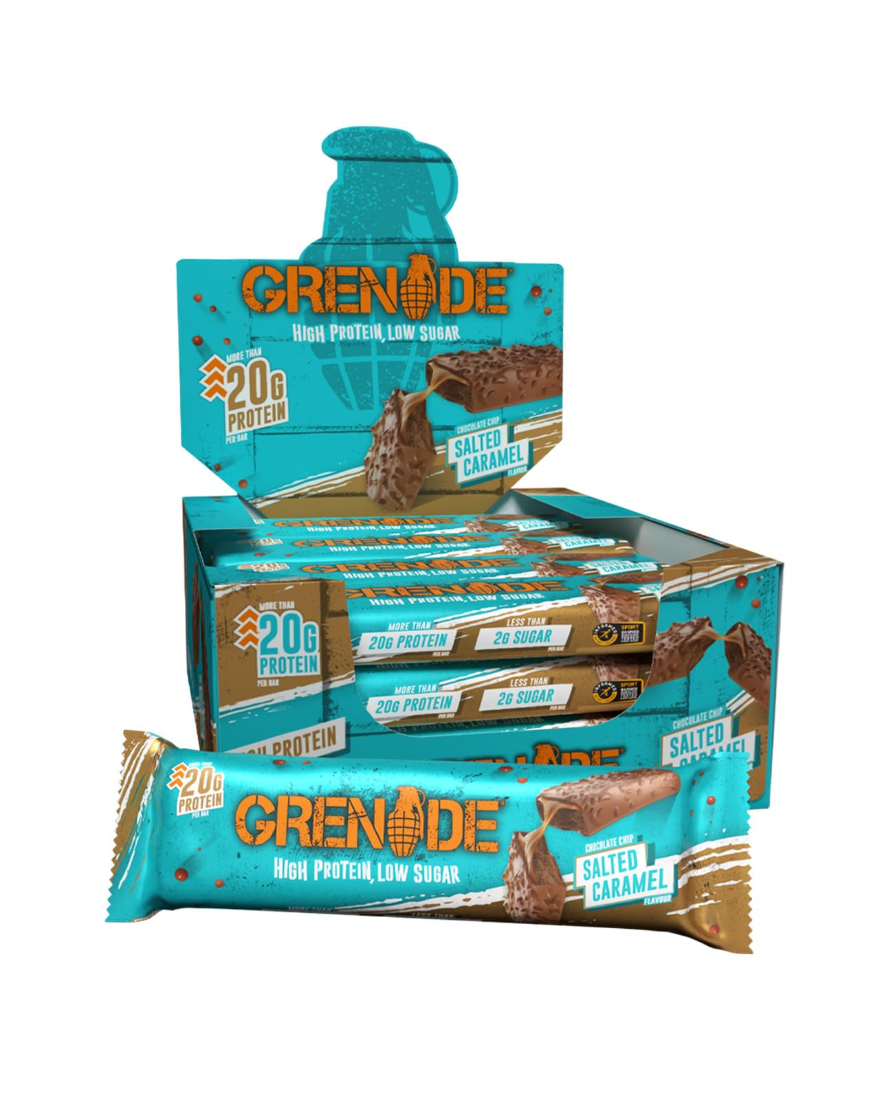 Grenade Protein Bar - Chocolate Chip Salted Caramel, Low Sugar Snack, 12 x 60g High Protein Bar - Damaged Box - BBE 08/2026
