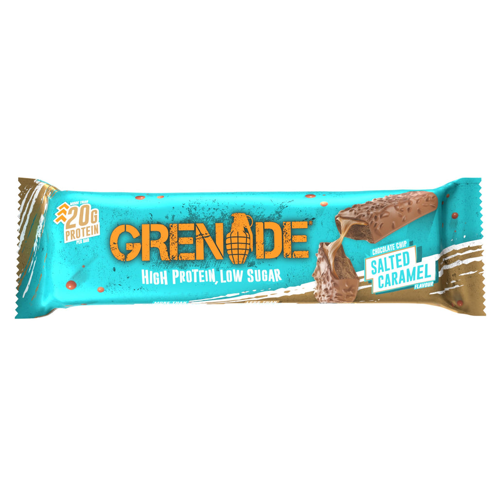 Grenade Protein Bar - Chocolate Chip Salted Caramel, Low Sugar Snack, 12 x 60g High Protein Bar - Damaged Box - BBE 08/2026