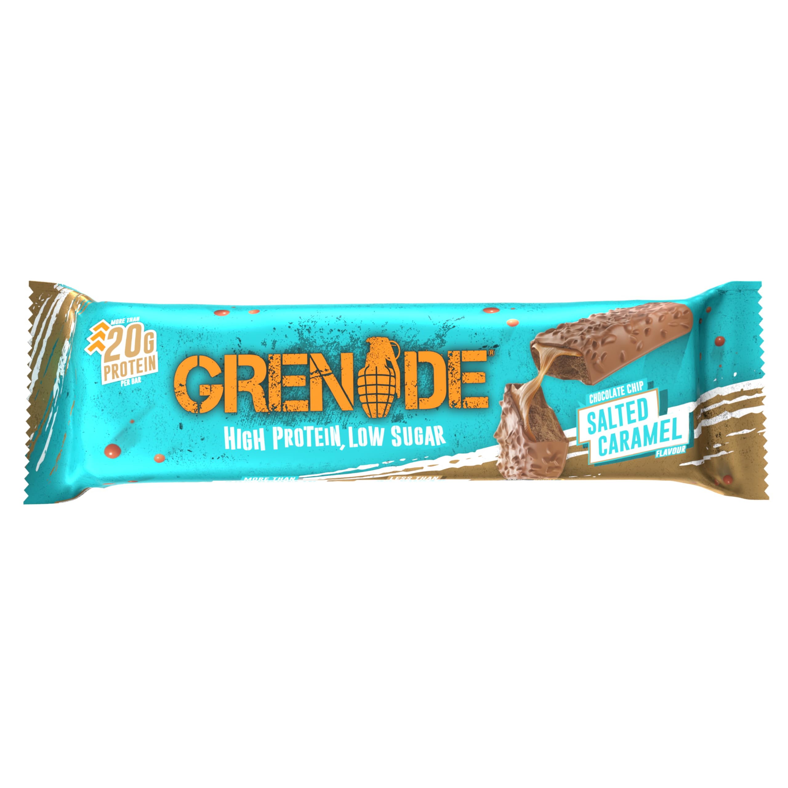 Grenade Protein Bar - Chocolate Chip Salted Caramel, Low Sugar Snack, 12 x 60g High Protein Bar - Damaged Box - BBE 08/2026