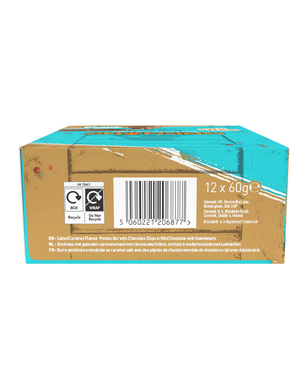 Grenade Protein Bar - Chocolate Chip Salted Caramel, Low Sugar Snack, 12 x 60g High Protein Bar - Damaged Box - BBE 08/2026