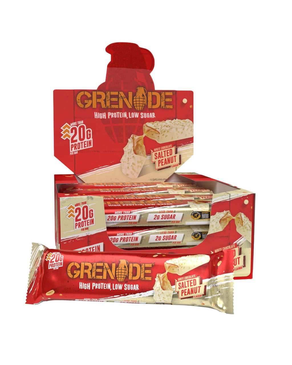 Grenade High Protein Low Sugar Bar - White Chocolate Salted Peanut - 12 x 60g Snack Bar - Damaged Box - BBE 08/2026