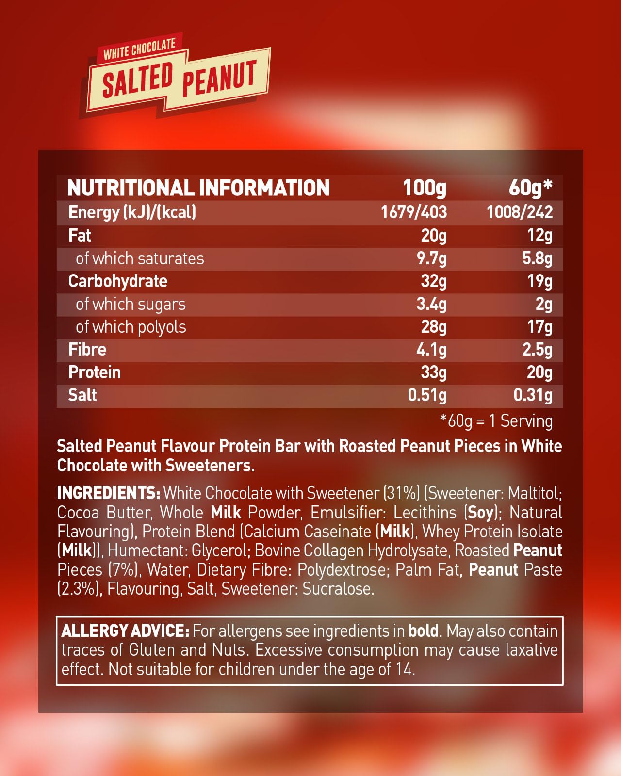 Grenade High Protein Low Sugar Bar - White Chocolate Salted Peanut - 12 x 60g Snack Bar - Damaged Box - BBE 08/2026