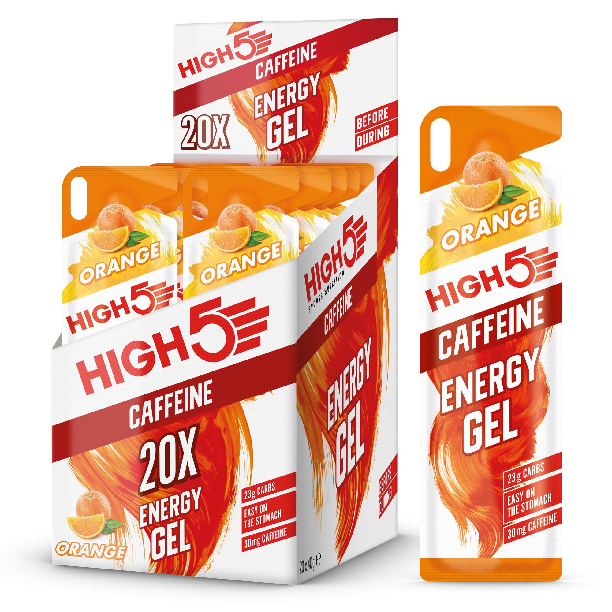 HIGH5 Energy Gel Caffeine - Orange 20 x 40g - Running Cycling Ultra Marathon Ironman Glucose Shots Fuel - Damaged Box - BBE 07/2026