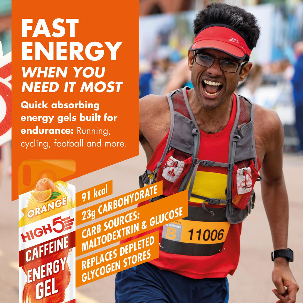HIGH5 Energy Gel Caffeine - Orange 20 x 40g - Running Cycling Ultra Marathon Ironman Glucose Shots Fuel - Damaged Box - BBE 07/2026