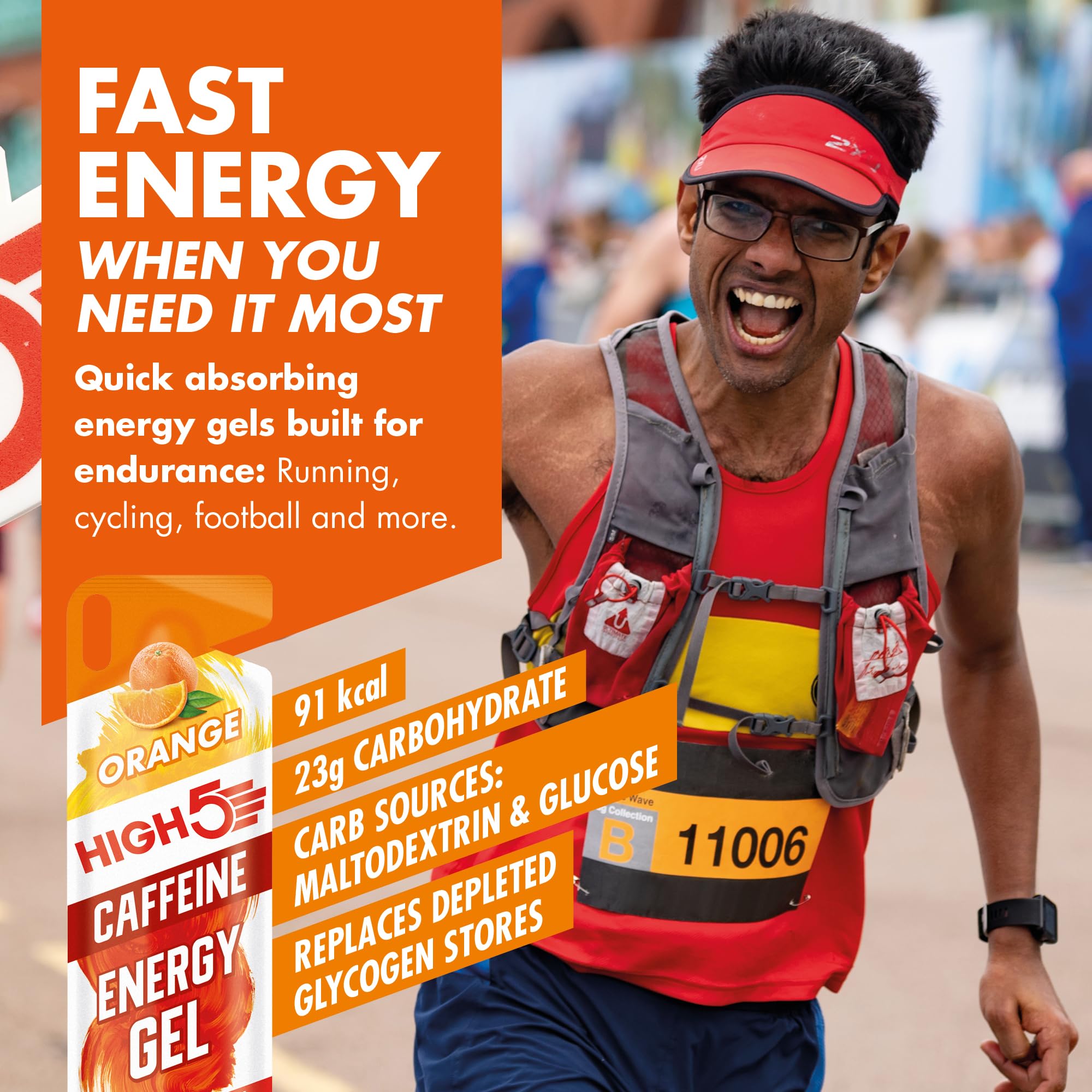 HIGH5 Energy Gel Caffeine - Orange 20 x 40g - Running Cycling Ultra Marathon Ironman Glucose Shots Fuel - Damaged Box - BBE 07/2026