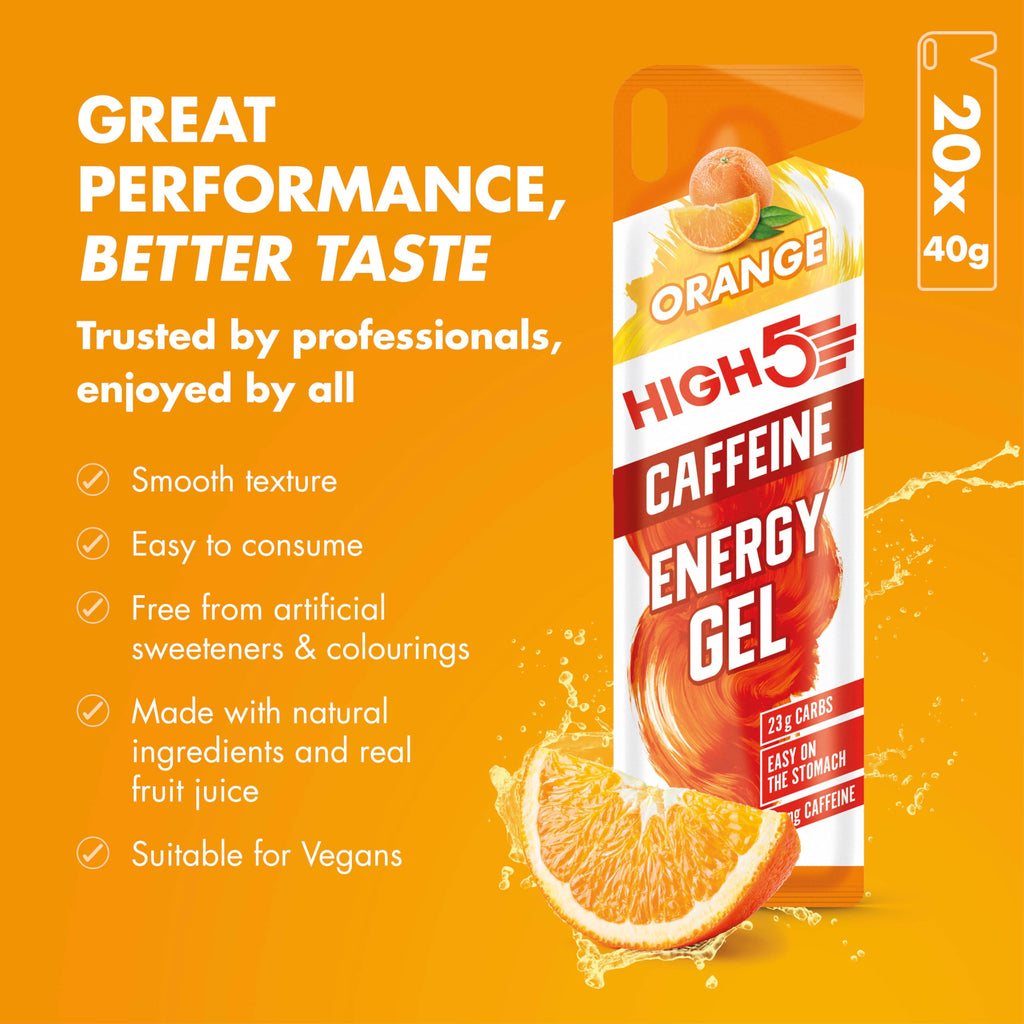 HIGH5 Energy Gel Caffeine - Orange 20 x 40g - Running Cycling Ultra Marathon Ironman Glucose Shots Fuel - Damaged Box - BBE 07/2026