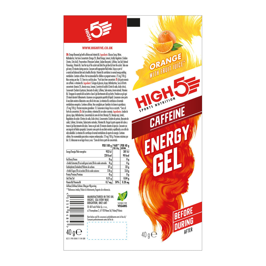HIGH5 Energy Gel Caffeine - Orange 20 x 40g - Running Cycling Ultra Marathon Ironman Glucose Shots Fuel - Damaged Box - BBE 07/2026