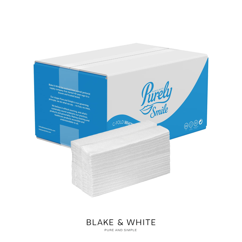 Blake & White Purely Smile C Fold 2 Ply White Paper Hand Towels for Dispenser - Box of 2400 PS1022 - Damaged Box
