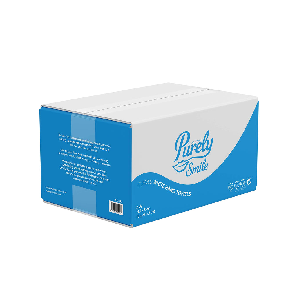 Blake & White Purely Smile C Fold 2 Ply White Paper Hand Towels for Dispenser - Box of 2400 PS1022 - Damaged Box