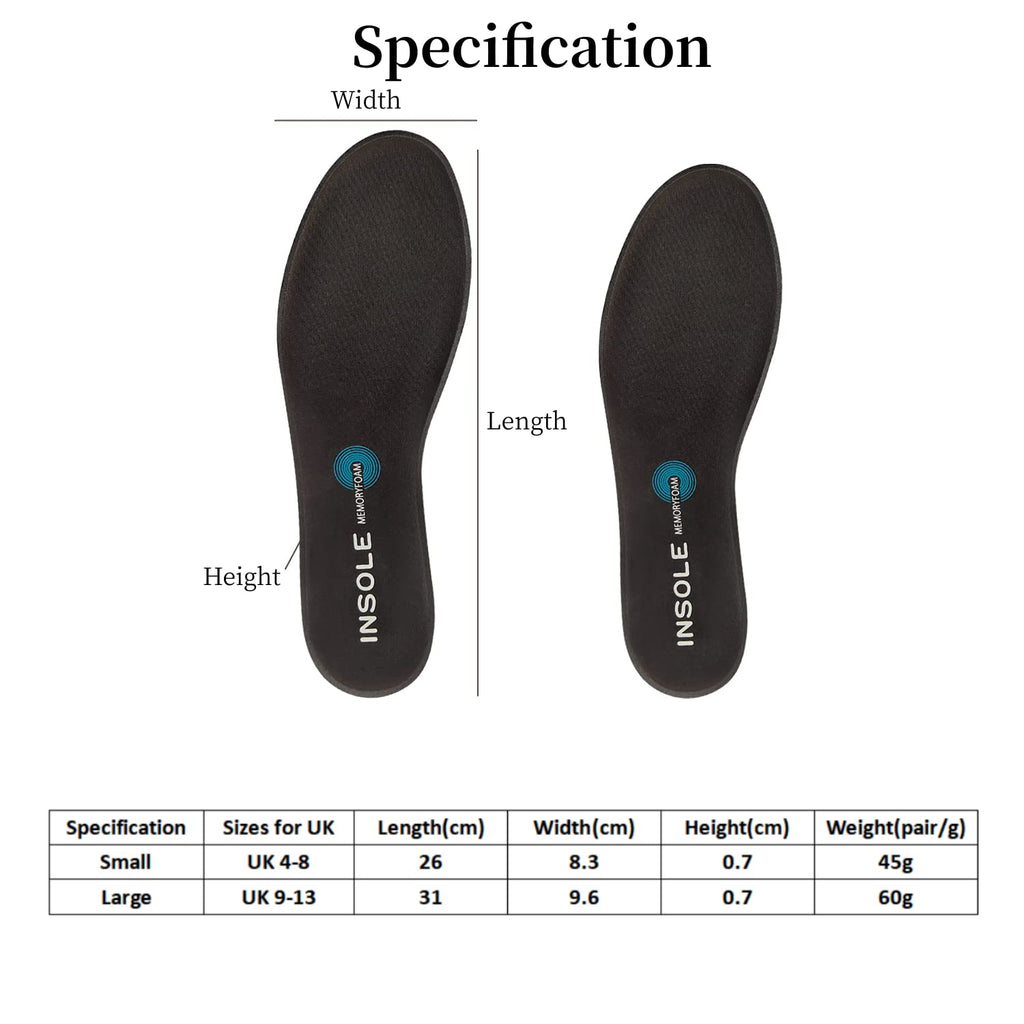 Memory Foam Insoles - Cut-to-Size Shoe Inserts for Trainers, Sneakers, Work Boots, Walking Shoes - UK 9-13 - New