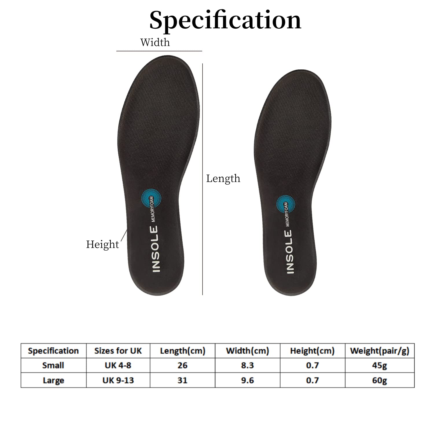 Memory Foam Insoles - Cut-to-Size Shoe Inserts for Trainers, Sneakers, Work Boots, Walking Shoes - UK 9-13 - New