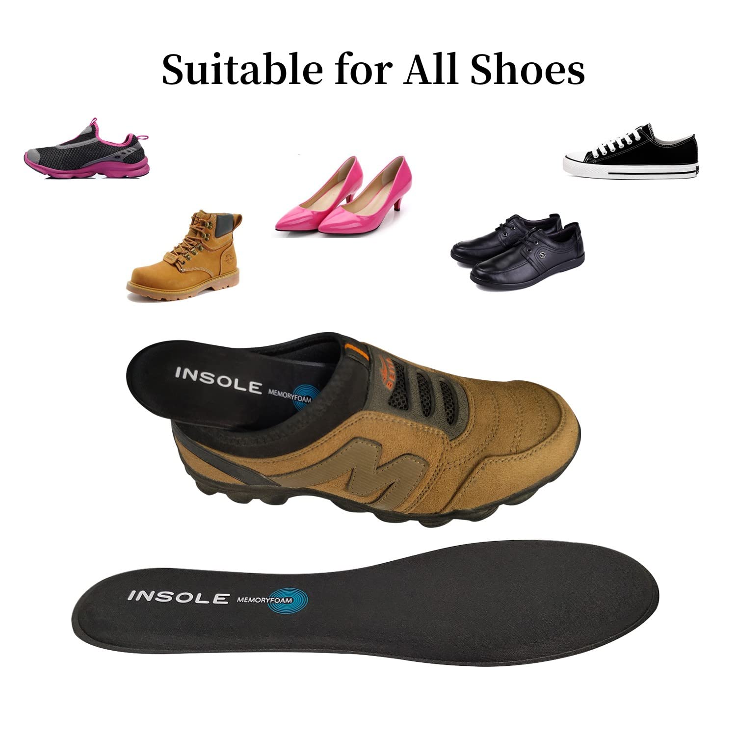 Memory Foam Insoles - Cut-to-Size Shoe Inserts for Trainers, Sneakers, Work Boots, Walking Shoes - UK 9-13 - New