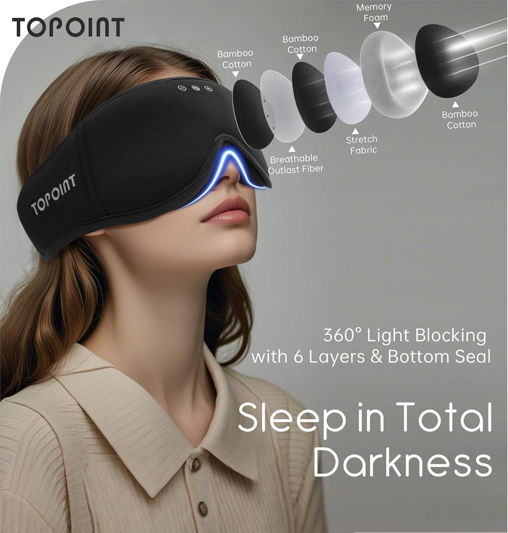 TOPOINT Bamboo Cotton Bluetooth Sleep Mask with Headphones - 100% Light-Blocking 3D Eye Mask for Sleep Travel Side Sleeping - Damaged Box